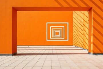 Vibrant orange facade featuring concentric square recesses and a tiled ground surface