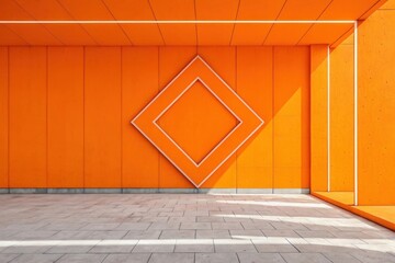 Vibrant orange facade featuring concentric square recesses and a tiled ground surface