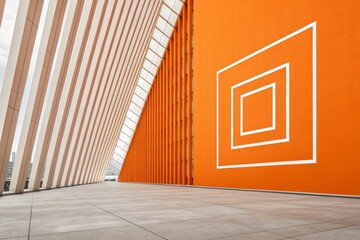 Vibrant orange facade featuring concentric square recesses and a tiled ground surface
