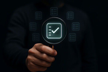 Close-up of hand holding magnifying glass focusing on digital checklist icon, symbolizing document validation, quality assurance, and auditing process in modern digital workflow
