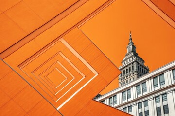 Modern orange architecture contrasts with classic building under a vibrant orange sky
