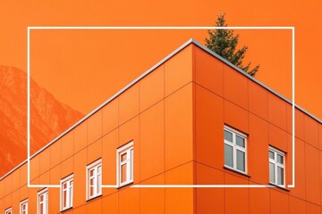 Modern orange building facade with white geometric frame and mountain backdrop