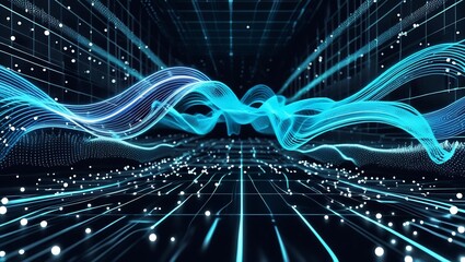Futuristic digital wave background with glowing blue and cyan flowing lines, particle trails, light dots, and motion blur, dark tech grid background, high contrast style.
