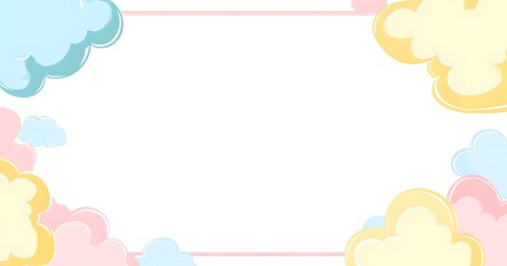 "Pastel watercolor frame with colorful corner clouds, soft pink-yellow palette, large text space, vector-style flat illustration, high resolution."

