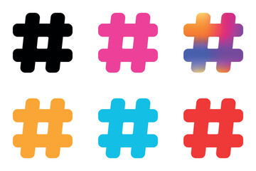 Simple bold hashtag icon vector design set. Black, blue, yellow, red, pink, and colorful. 