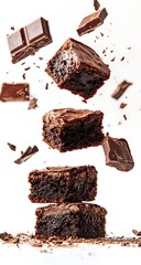 "Delicious fudgy brownies falling with chocolate pieces in air, minimalist white background, professional food stock photo."

