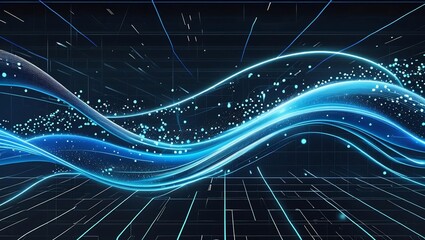 Futuristic digital wave background with glowing blue and cyan flowing lines, particle trails, light dots, and motion blur, dark tech grid background, high contrast style.