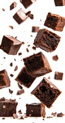 "Falling homemade brownies with flying chocolate chunks, clean white background, high-quality food photography composition."

