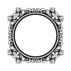 Vintage circle oval baroque frame with floral ornament engraving illustration art