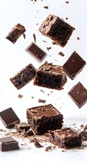 "Delicious chocolate brownies captured falling with chocolate pieces, isolated shot on pure white background, food concept."

