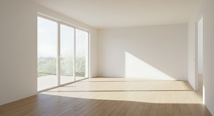 Fototapeta premium Empty Minimalist Room with Sunlight and Light Wood Floor