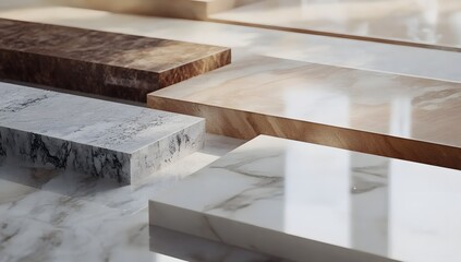 "Curated flat lay of luxury marble and wood samples, presenting texture variations and elegant material pairings for high-end interior design concepts."

