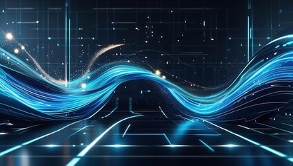 Futuristic digital wave background with glowing blue and cyan flowing lines, particle trails, light dots, and motion blur, dark tech grid background, high contrast style.