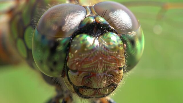 Detailed macro of a dragonfly head, compound eyes, and natural setting
