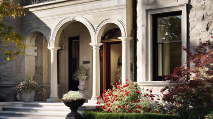 Elegant mansion entrance with arched doorway and hedges, showcasing architectural luxury in afternoon light.