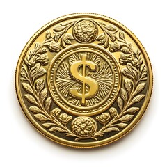 "High-res professional photograph of gold dollar coin, ultra-realistic color grading, detailed illustration, isolated on white background, ideal for presentations."

