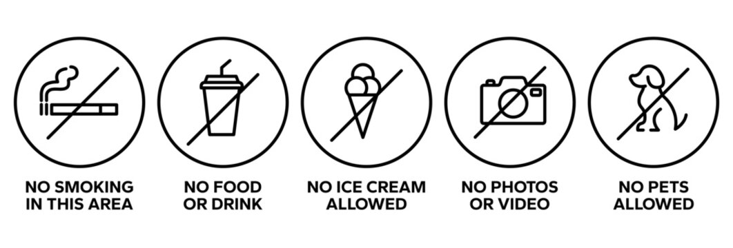 Set of prohibition line signs. No smoking, food, drinks, photo, video, animals, trolley, ice cream, outline icons on white background. Vector illustration.