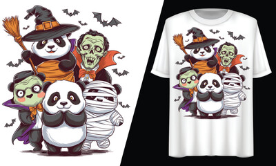 Fototapeta premium Halloween Pandas with Zombies and Mummy, T-Shirt Design.