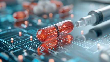 Syringe injecting innovative medicine laboratory digital art high-tech environment close-up view pharmaceutical advances