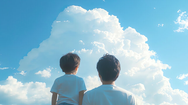 夏の空の入道雲を見上げるアジア人の父親と子どもの後ろ姿