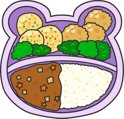 Hand-Drawn Cute Bear-Shaped Bento Box with Rice, Curry, and Side Dishes – Transparent Background PNG Illustration