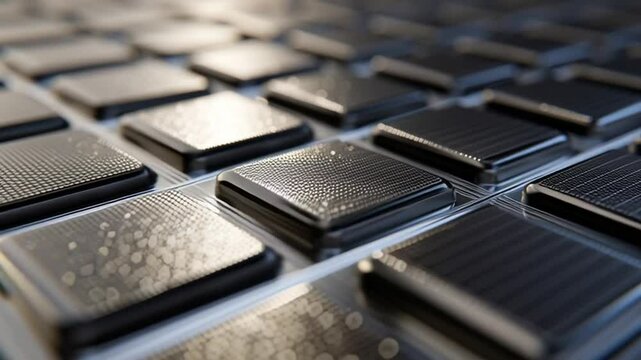Precision Grid: An close-up macro shot, emphasizing the intricate details of a uniformly aligned grid of square components, showcasing advanced technology.