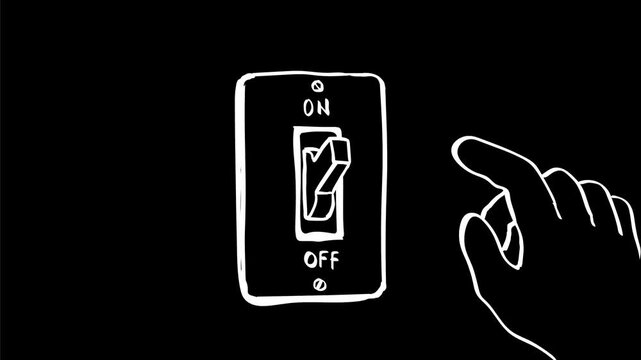 2d Animation cartoon character drawing of a light switch turned on and off  on white, black and green screen in 4k ultra-high-definition.