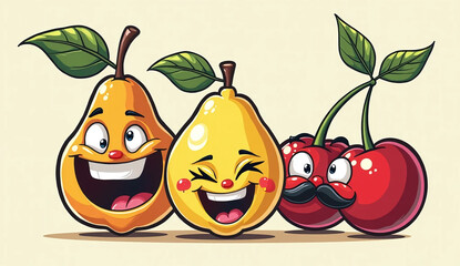 Funny cartoon pears and cherries with happy faces.