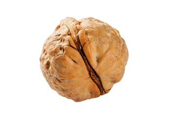 Close-up studio shot of a single walnut on white background. The walnut is split, showcasing its detailed texture. Perfect for advertising or editorial use related to nuts and healthy living.