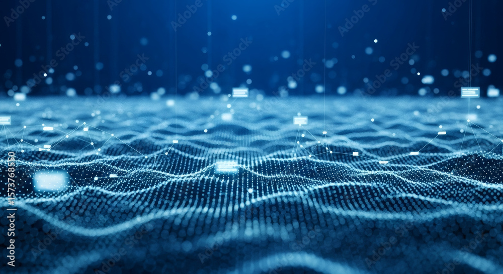 Fototapete abstract digital data visualization glowing dots and lines