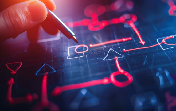 A hand holding a pen writes on a digital interface filled with colorful flowcharts and diagrams, suggesting a focus on technology and innovation.