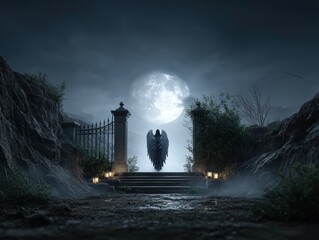 Dark angel at moonlit gate