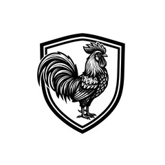 Black-and-white illustration of a proud rooster inside an ornate shield, symbolizing boldness and tradition.