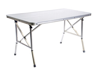 Photo of a portable folding metal table with a silver surface isolated on transparent background