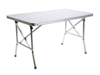 Photo of a portable folding metal table with a silver surface isolated on transparent background