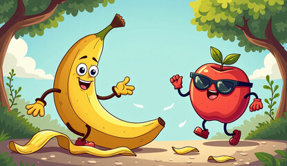Happy banana and cool apple having fun on a sunny forest path.