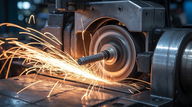An industrial grinder with a powerful electric motor cuts through steel, creating sparks in a factory's mechanical production area