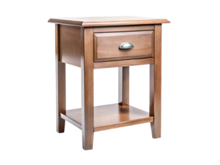 Photo of a wooden side table with a drawer and shelf, isolated on white isolated on transparent background