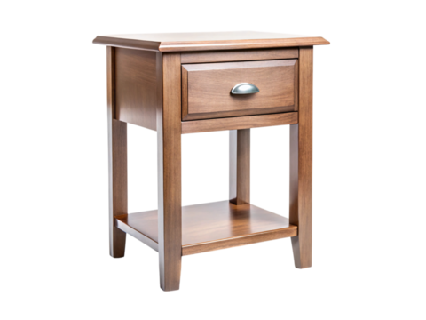 Photo of a wooden side table with a drawer and shelf, isolated on white isolated on transparent background