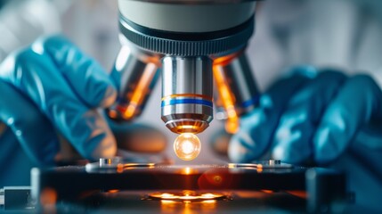 A close-up of a microscope with glowing optics, showcasing hands in blue gloves handling a slide, emphasizing scientific research and precision.
