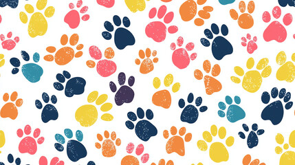 Fototapeta premium Seamless pattern of colorful cat paws in various playful poses, scattered randomly. 
