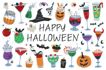 Flat cartoon vector set of Halloween cocktails and spooky drinks with festive lettering. Alcoholic beverages with creepy decorations. Party theme, seasonal menu, holiday visuals, celebration concept