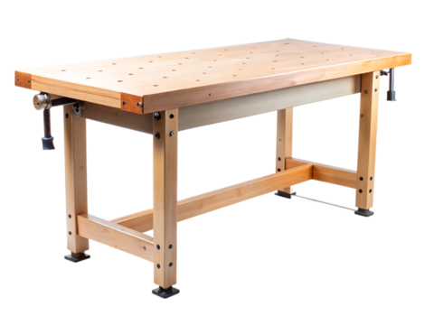 Photo of wooden workbench with holes and vices isolated on transparent background