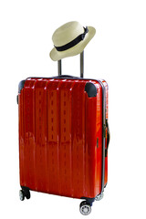 Red suitcase with straw hat isolated on transparent background. Ready for a peaceful vacation. Summer time, travel bag.