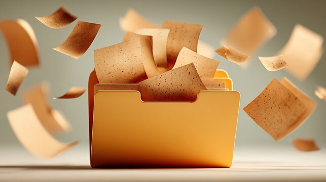 Overflowing yellow folder with flying aged, textured paper against a greyish-green background