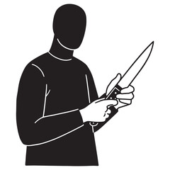 Silhouette of a person holding a sharp knife in a simple black and white style