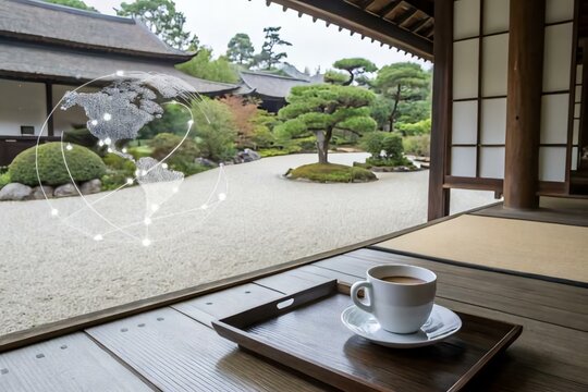 Tranquil Tea Moment in Japanese Garden with Global Network Overlay