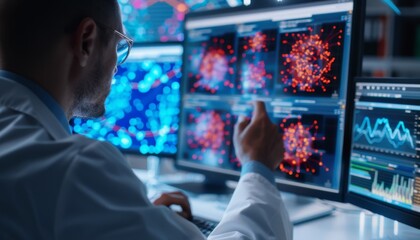 Fototapeta premium A scientist analyzes complex data visualizations on multiple screens, focusing on patterns and insights in a high-tech environment.