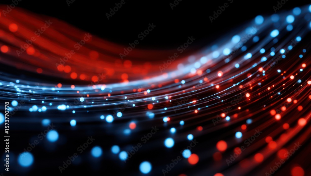 Poster representation of information flow using red and blue light strings, illustrating data movement.