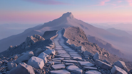 Stone pathway winding along a rocky mountain ridge at sunrise